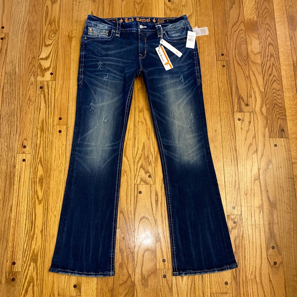 NWT ROCK REVIVAL RAVEN BOOT CUT JEANS 29 8 LONG